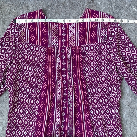 purple and white ikat geometric print flowy 3/4 sleeve tunic dress - Picture 15 of 16